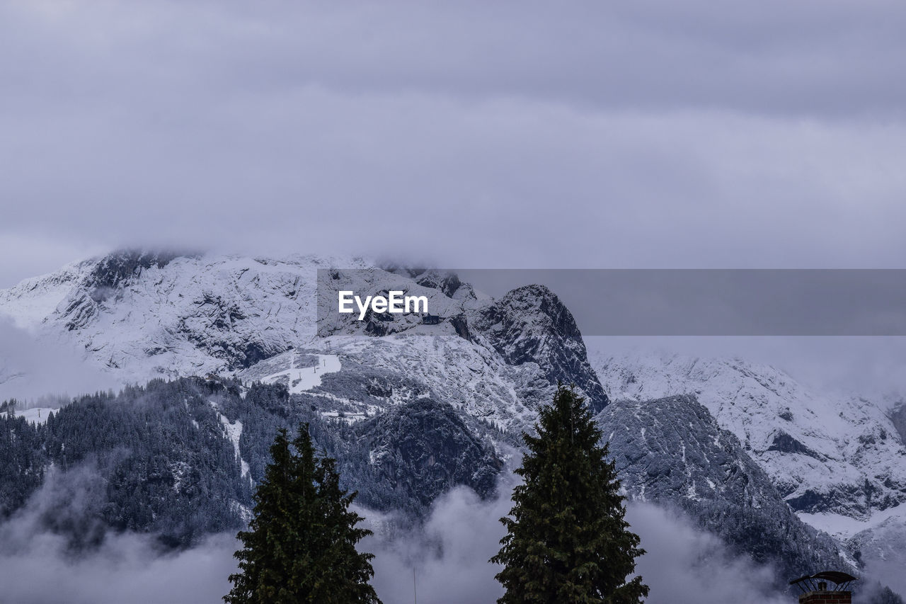 Scenic view of snow covered mountains against sky