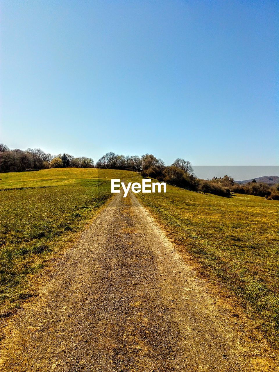 Dirt road amidst field against clear sky