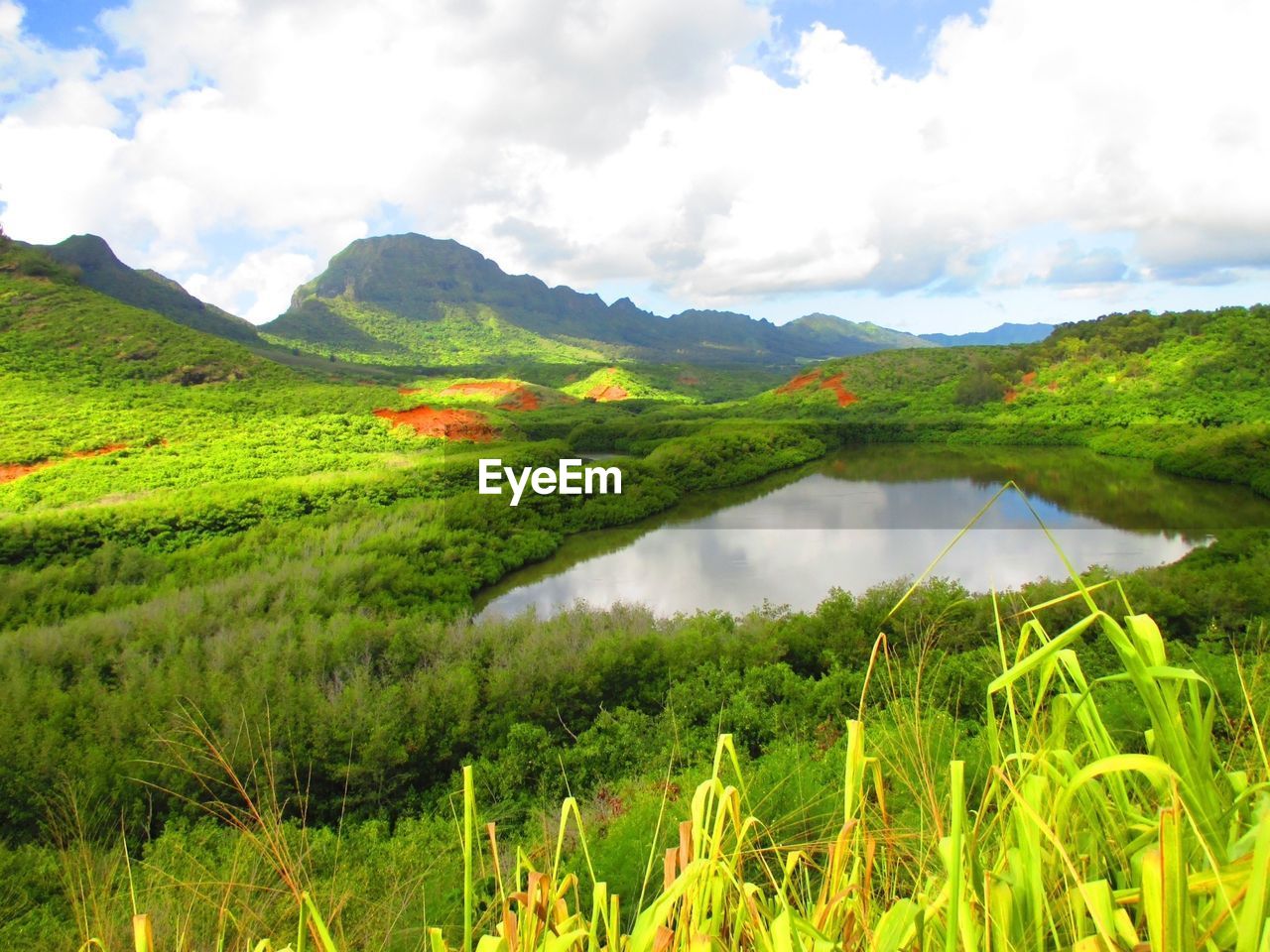 Scenic view of lake and mountains against cloudy sky