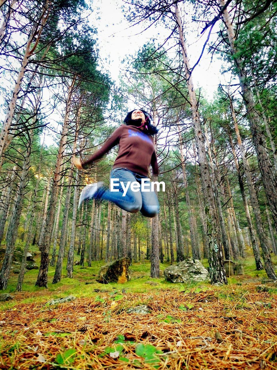 LOW ANGLE VIEW OF YOUNG WOMAN IN MID-AIR AGAINST TREES IN FOREST