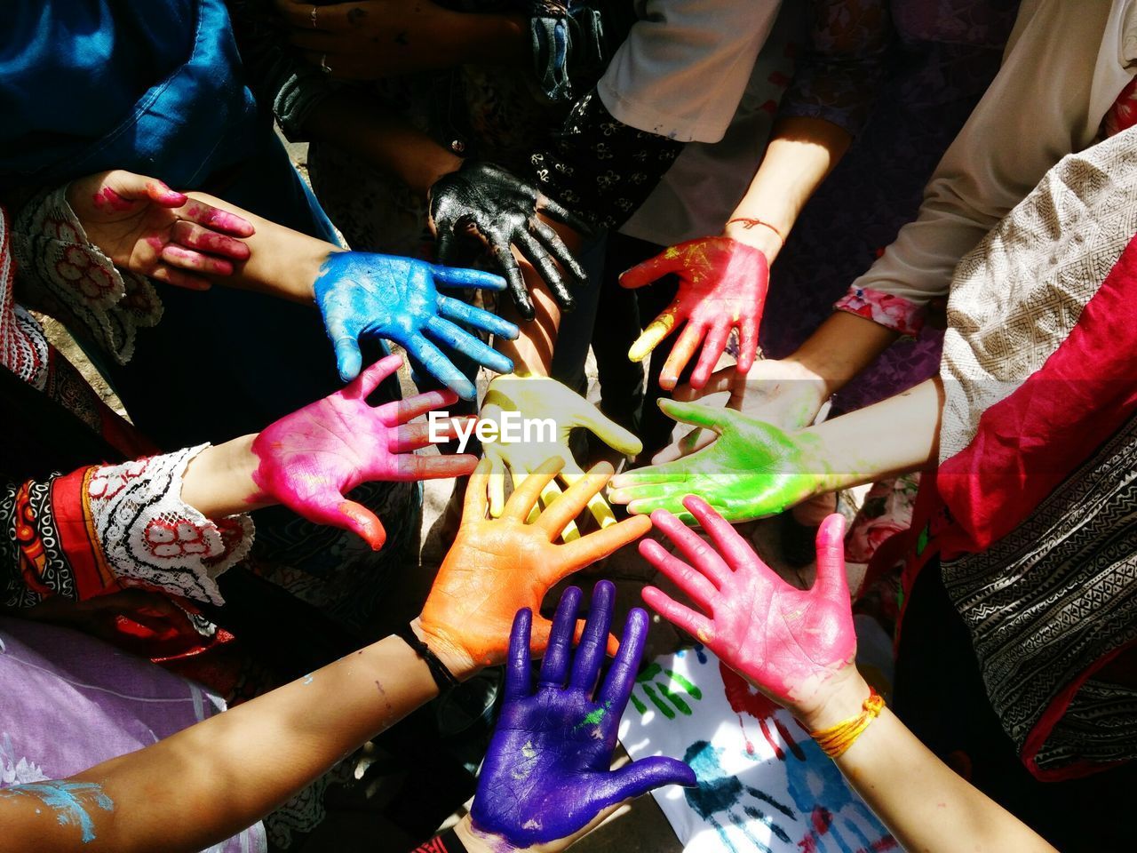 High angle view of colorful palms during holi festival