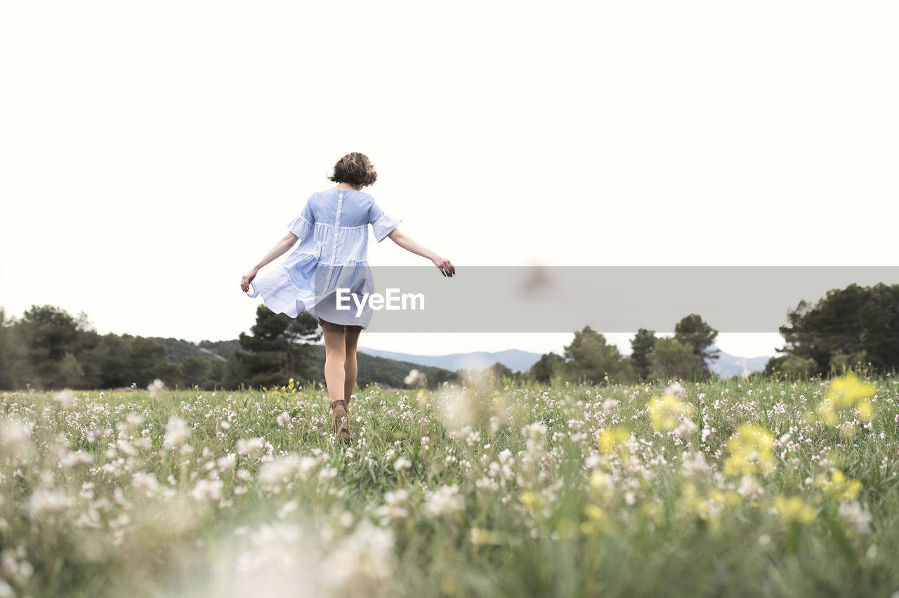 Full body back view of female in short blue dress walking through meadow covered with grass and flowers next to forest and mountain valley under cloudless sky in daytime