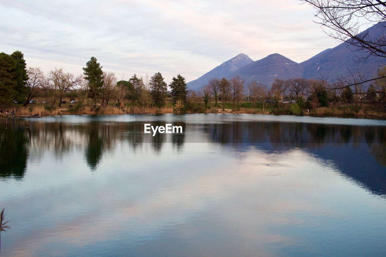 Scenic view of lake by trees against sky