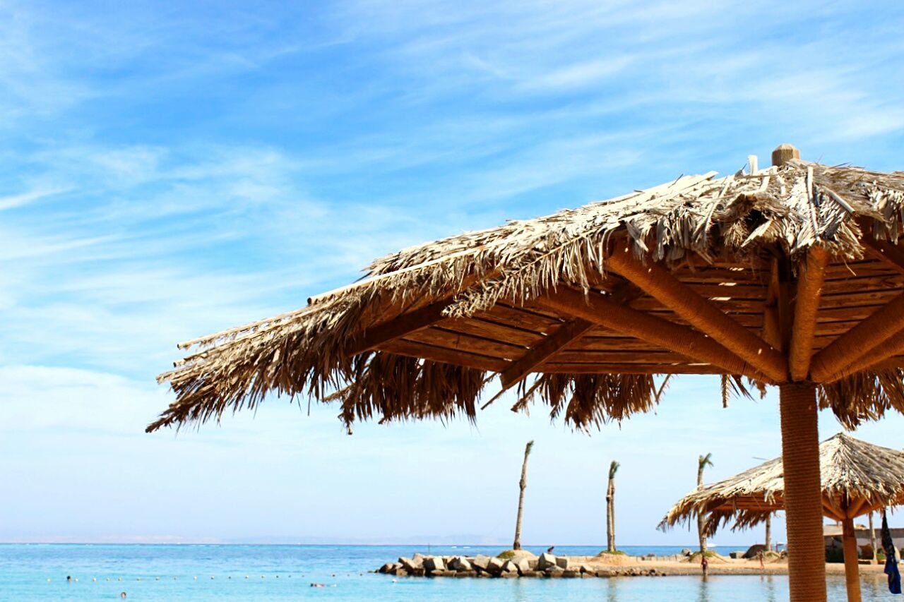 Thatched sunshades on shore against sky