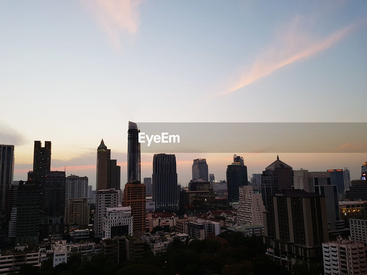 City skyline at sunset