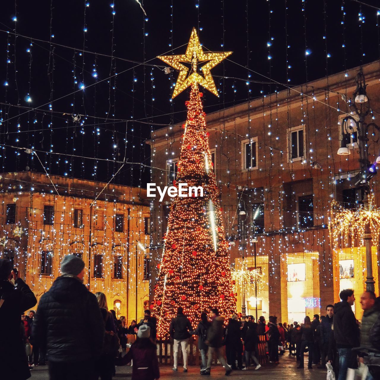 People on illuminated christmas tree at night