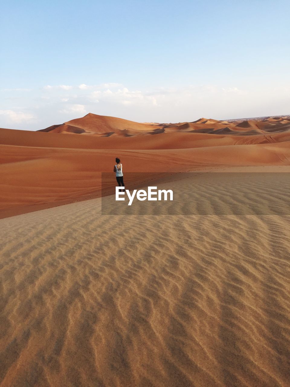 Rear view of a woman standing on desert