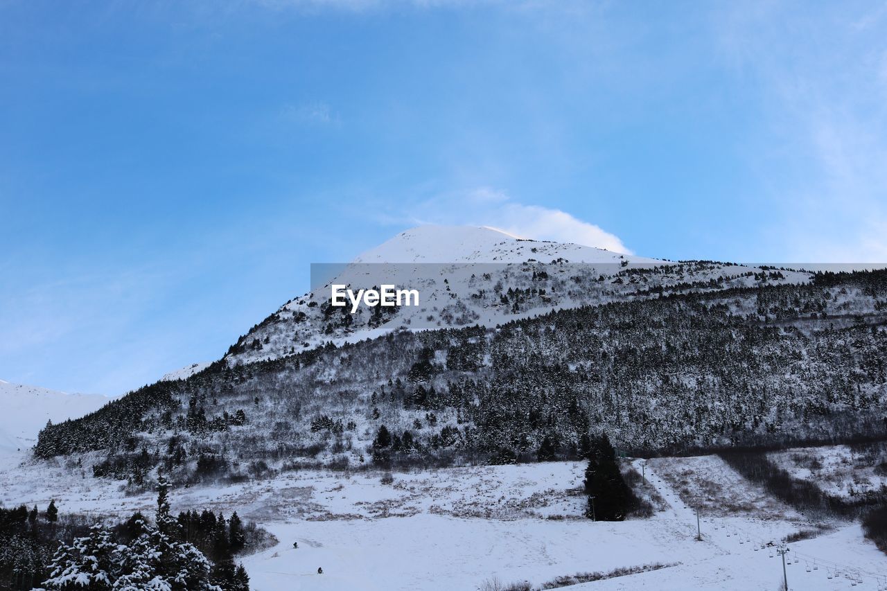 Low angle view of snow covered mountain against sky