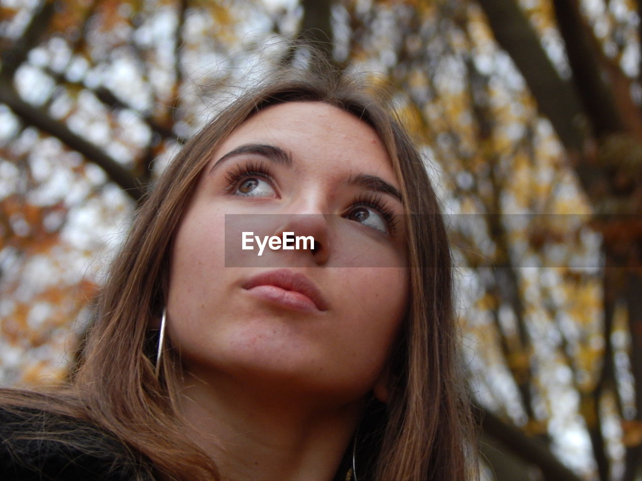 Close-up of beautiful young woman looking away against trees