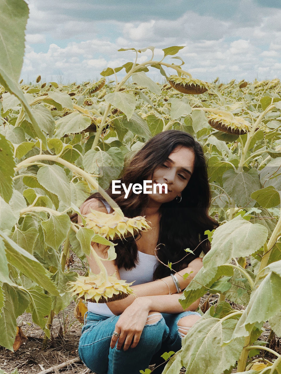 Portrait of young woman sitting on field