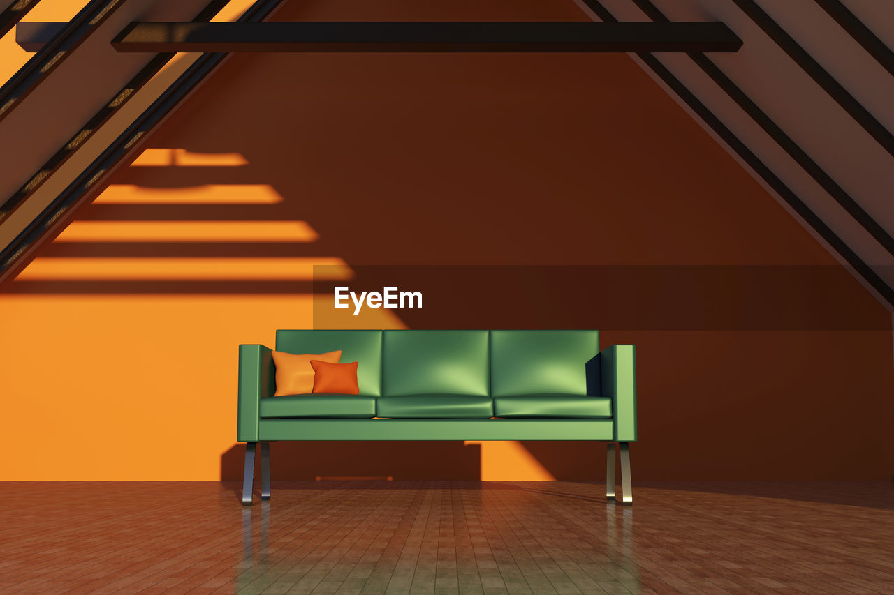 Three dimensional render of green sofa standing in attic