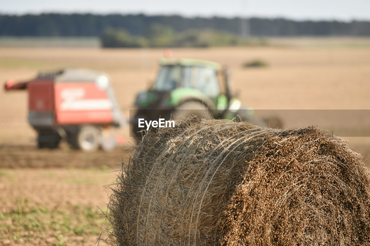 A tractor cleans the field with flax and makes bales