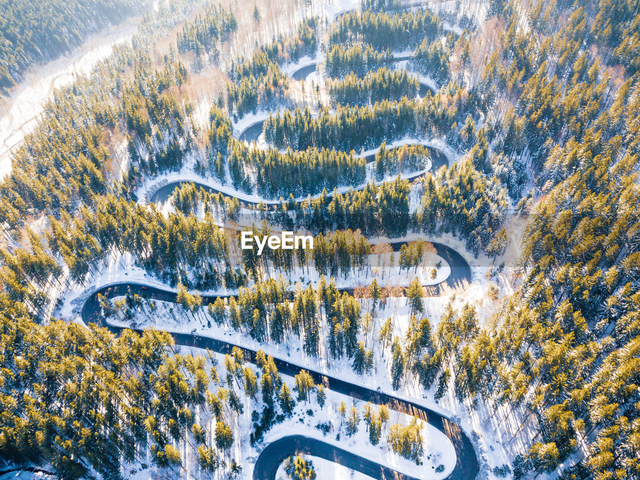 High angle view of winding road in winter