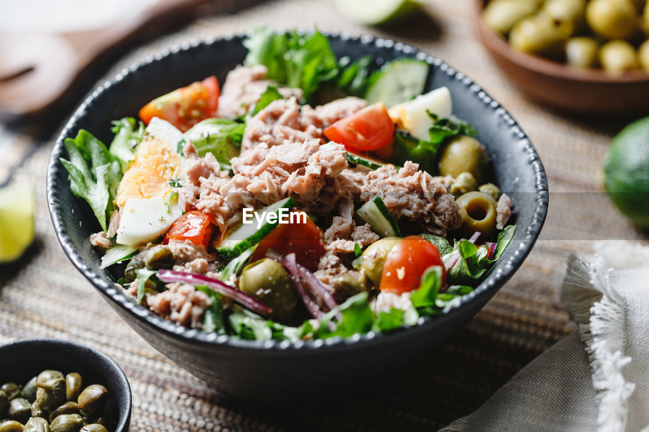 high angle view of food in bowl on table