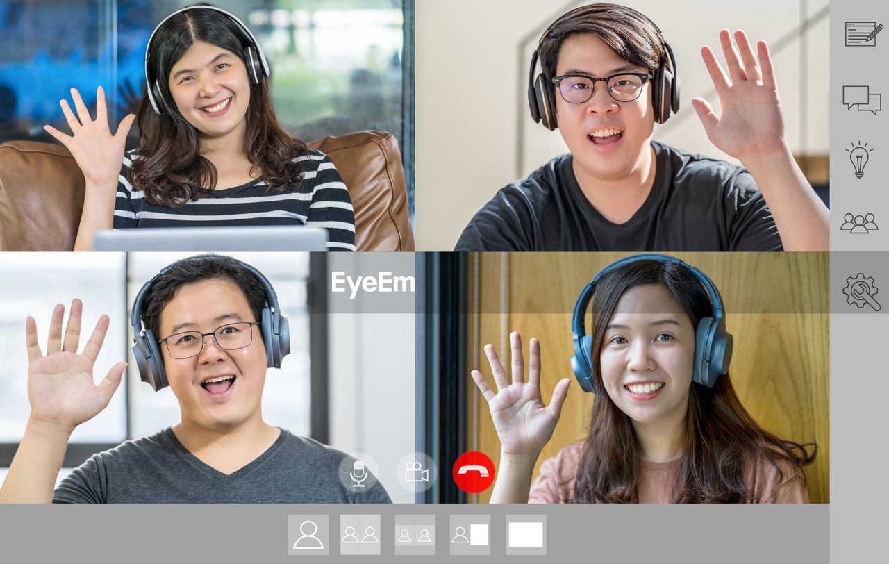 Screen of four colleagues connecting on video call