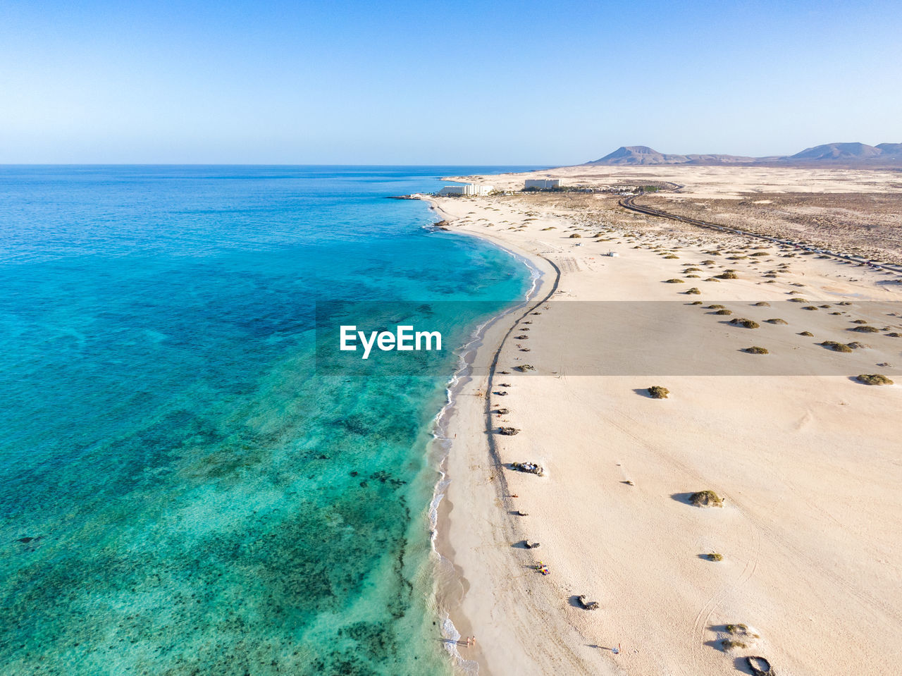 Drone view of corralejo national park with sand dunes on fuerteventura, canary islands, spain.