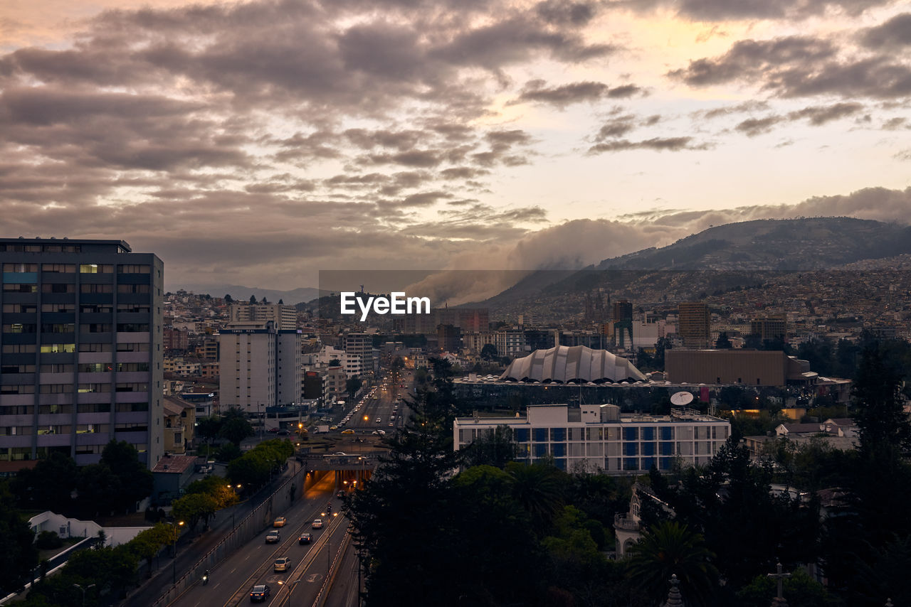 High angle view of buildings against sky during sunset