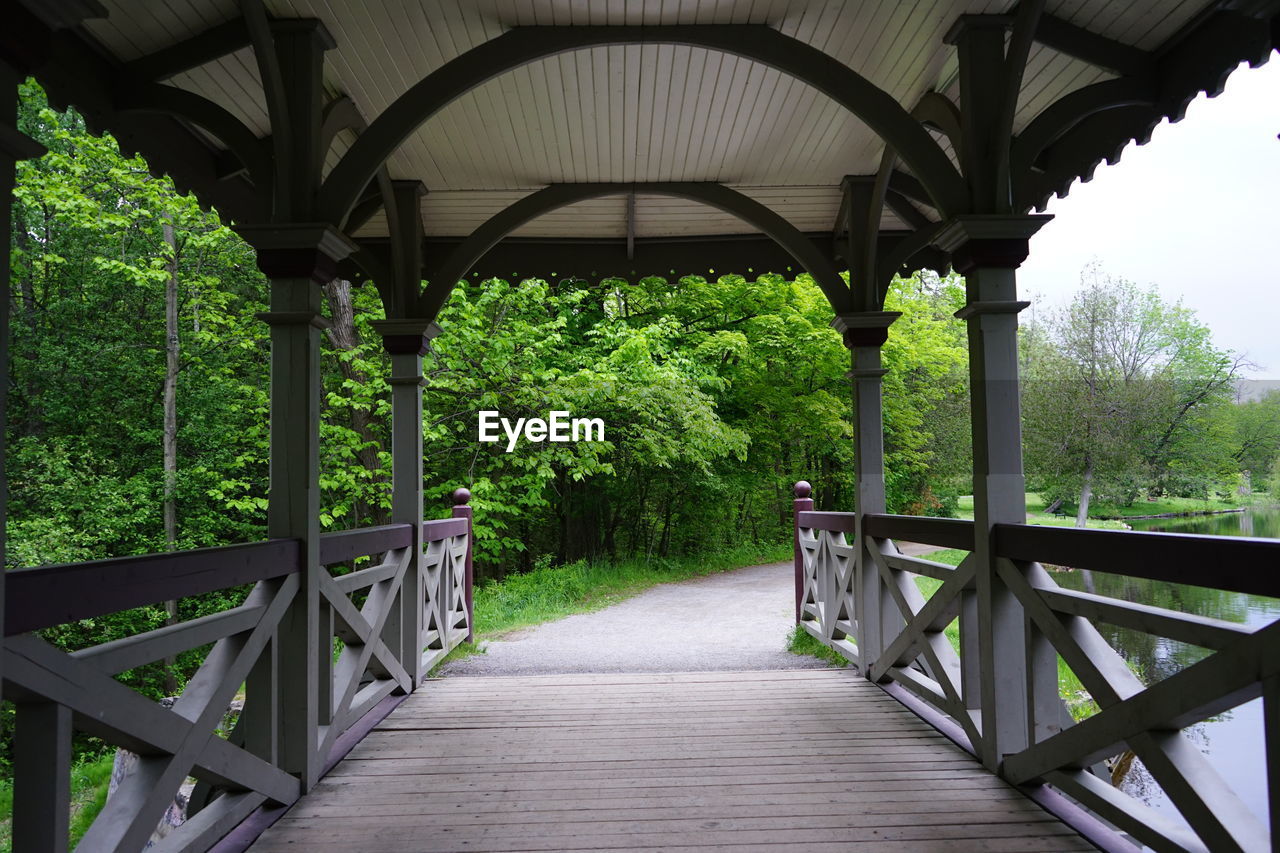 Empty footbridge against trees