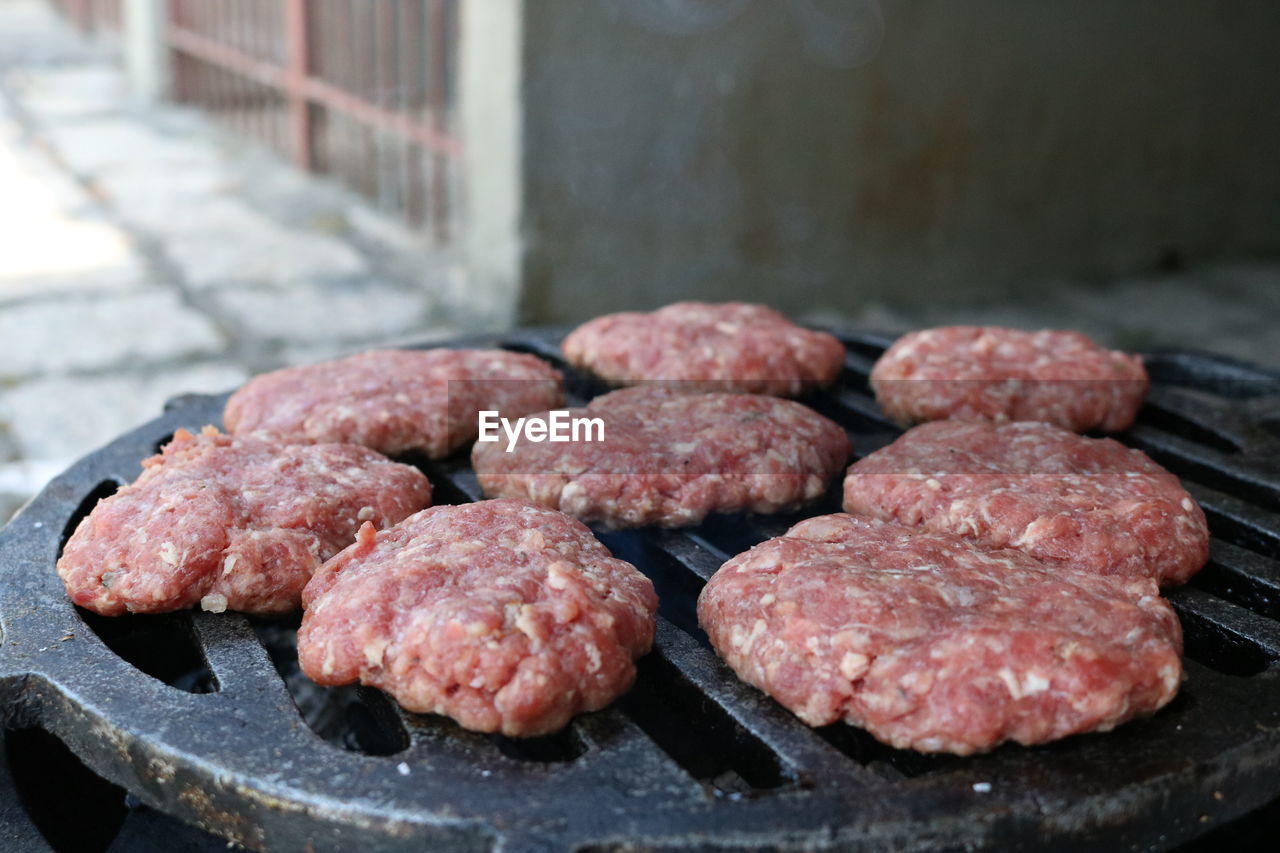 Close-up of meat on barbecue grill