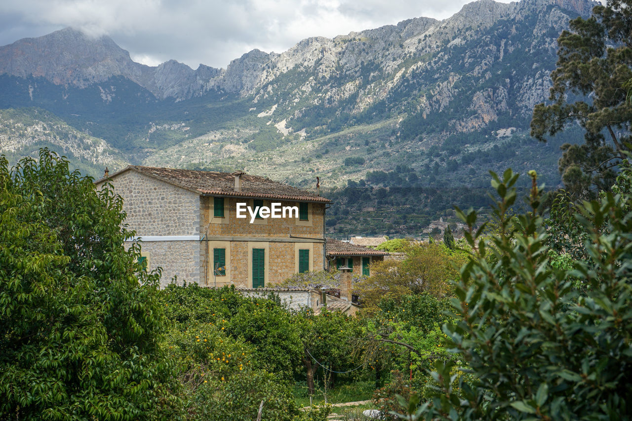 Houses and trees by mountains against sky