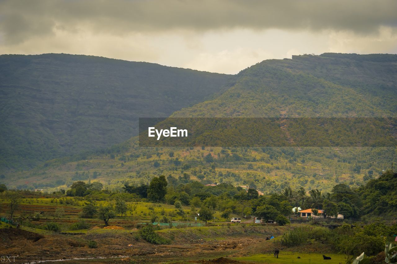 Scenic view of field and mountains against sky