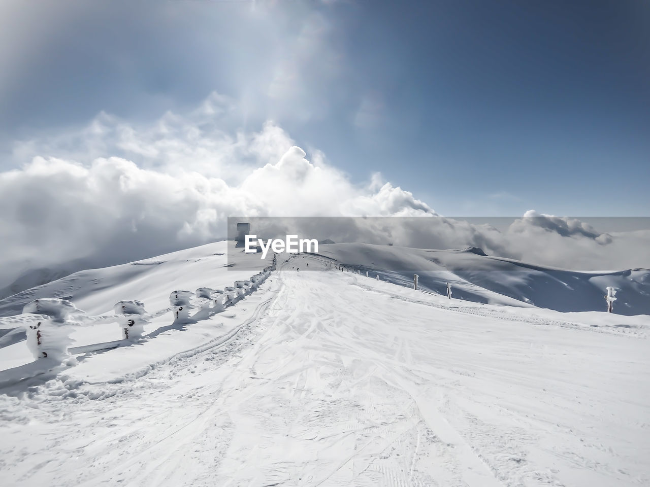 Scenic view of snow covered mountain against sky