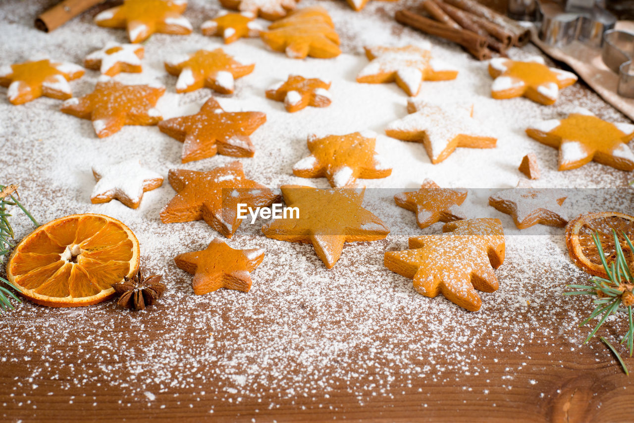 High angle view of cookies on christmas tree