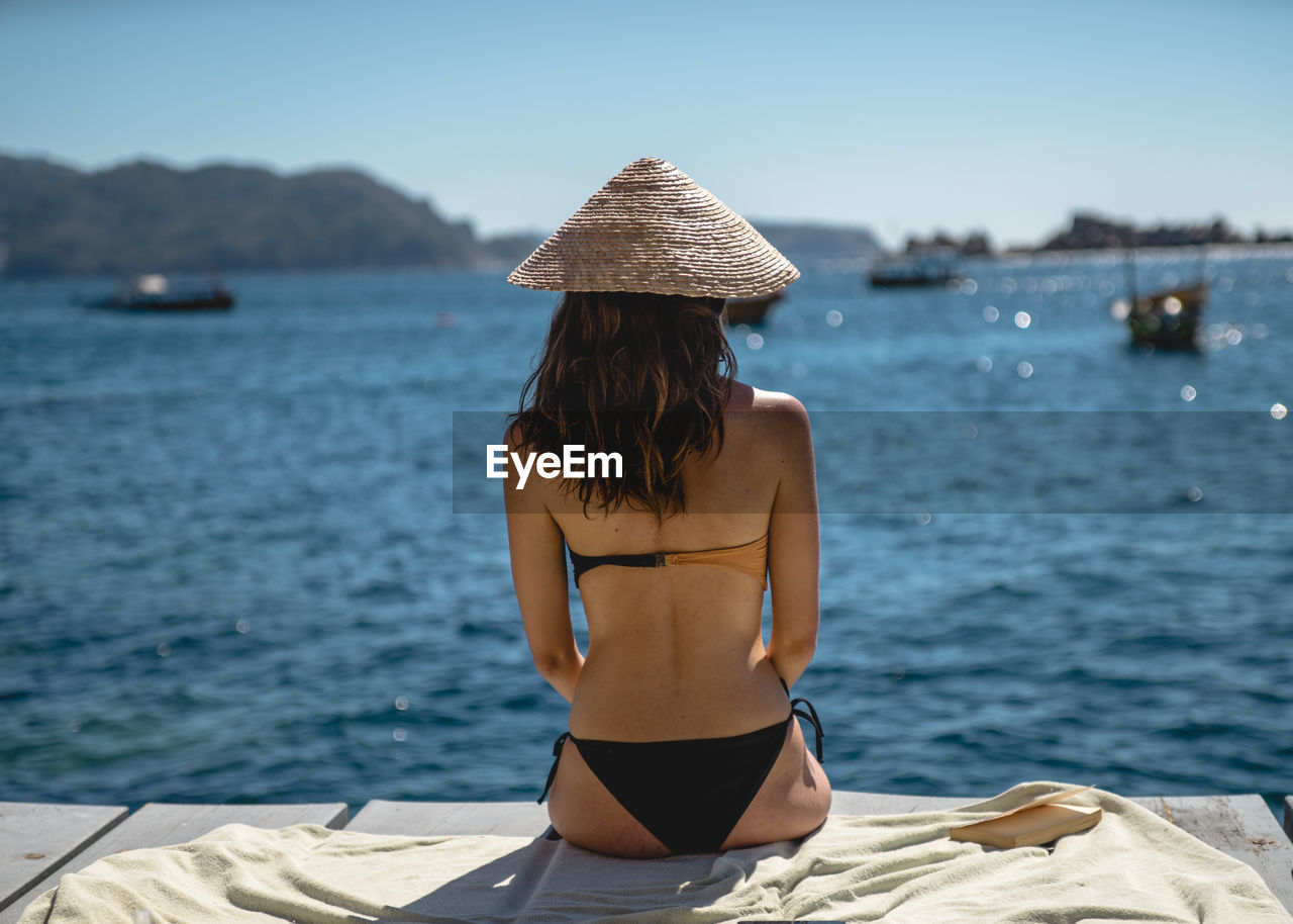 Rear view of woman sitting by sea against clear sky