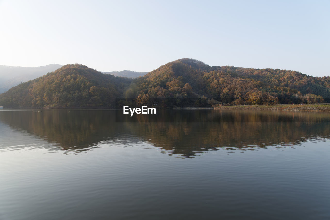 Scenic view of lake and mountains against clear sky