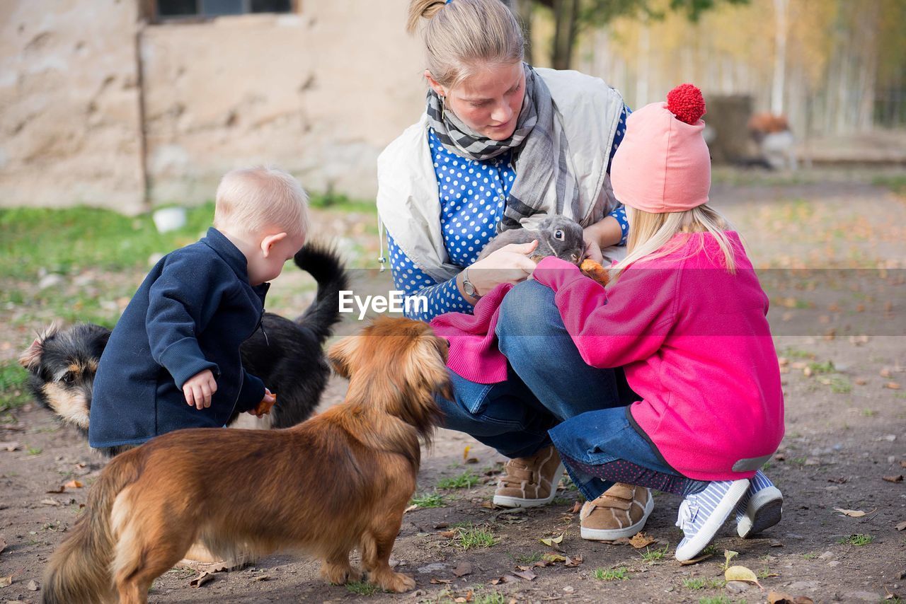 Happy family-mother with  children hugging and feeds pets dogs, cats and goats in countryside farm