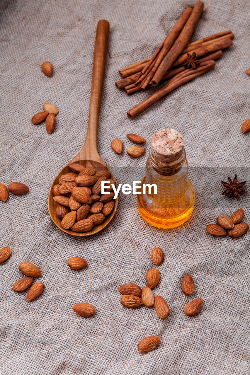 high angle view of food on wooden table