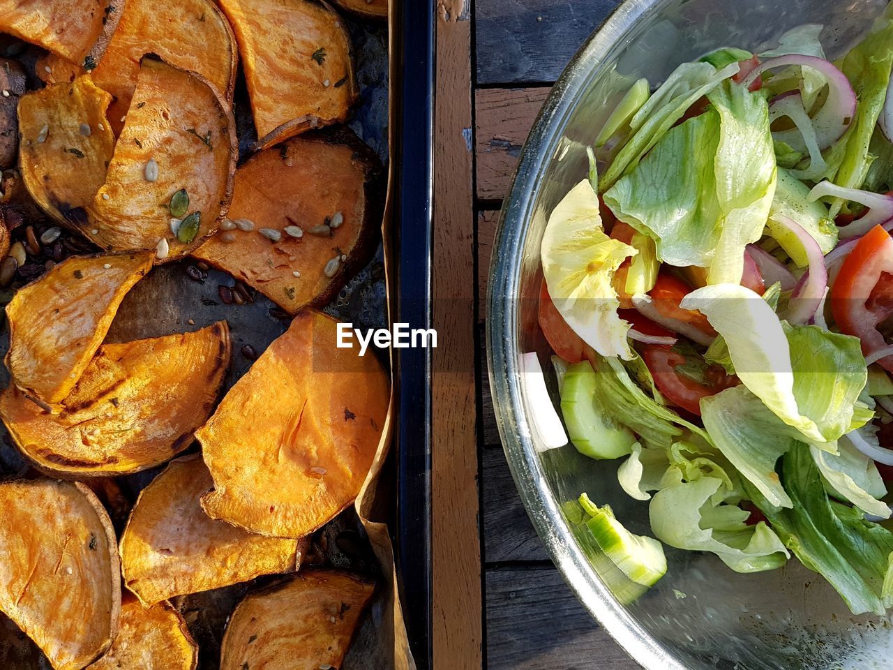 High angle view of meal served on table