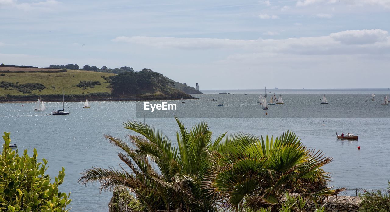 High angle view of boats sailing on sea