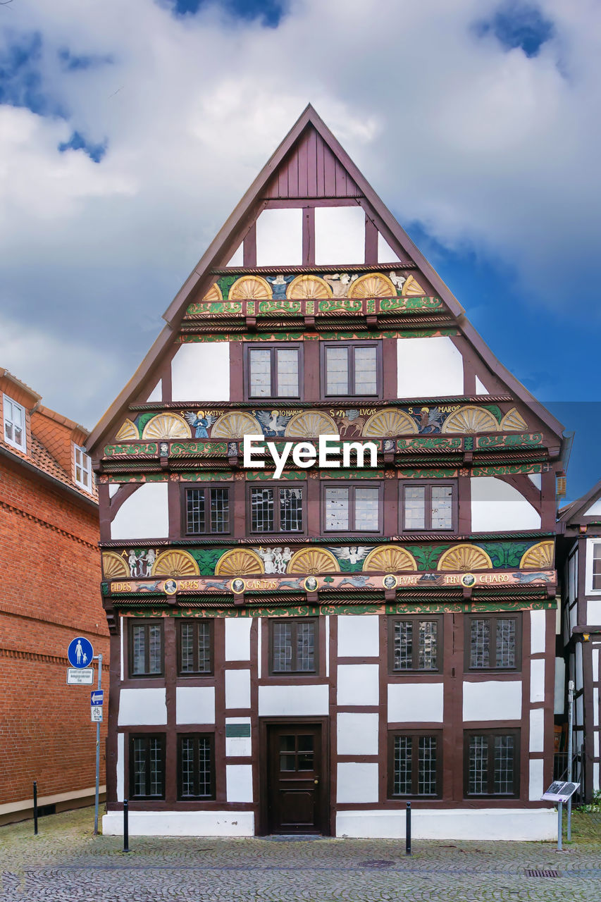 Street with half-timbered houses in paderborn city center, germany
