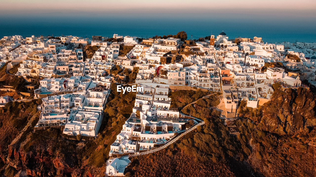 Santorini island thera city, greece. aerial view - drone shot.