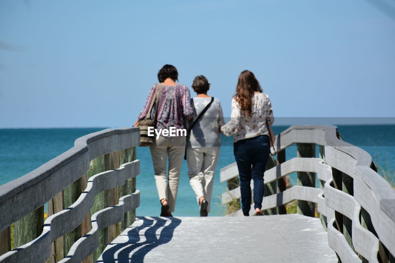 Rear view of women walking on footbridge against sea and clear sky