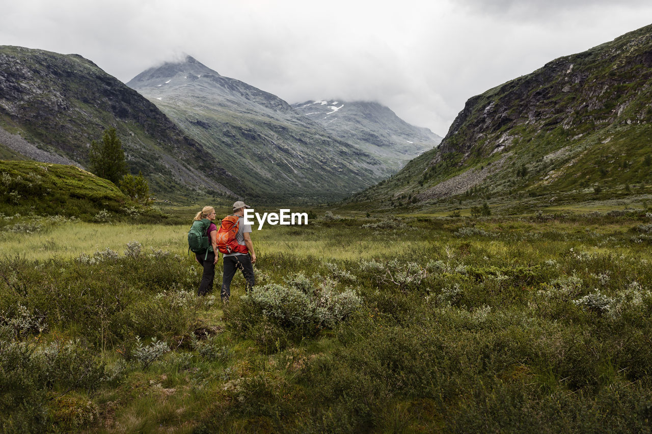 Hikers walking in mountains