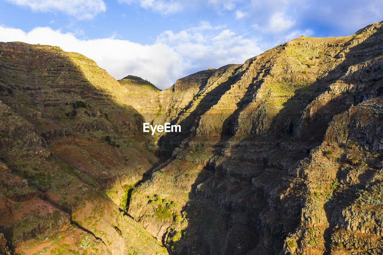 Drone view of mountain valley on la gomera island