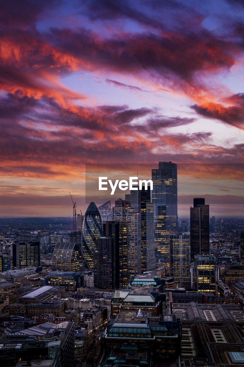 high angle view of city at sunset