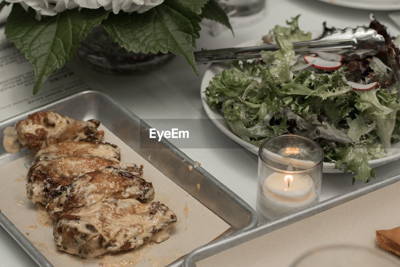 High angle view of meal served on table