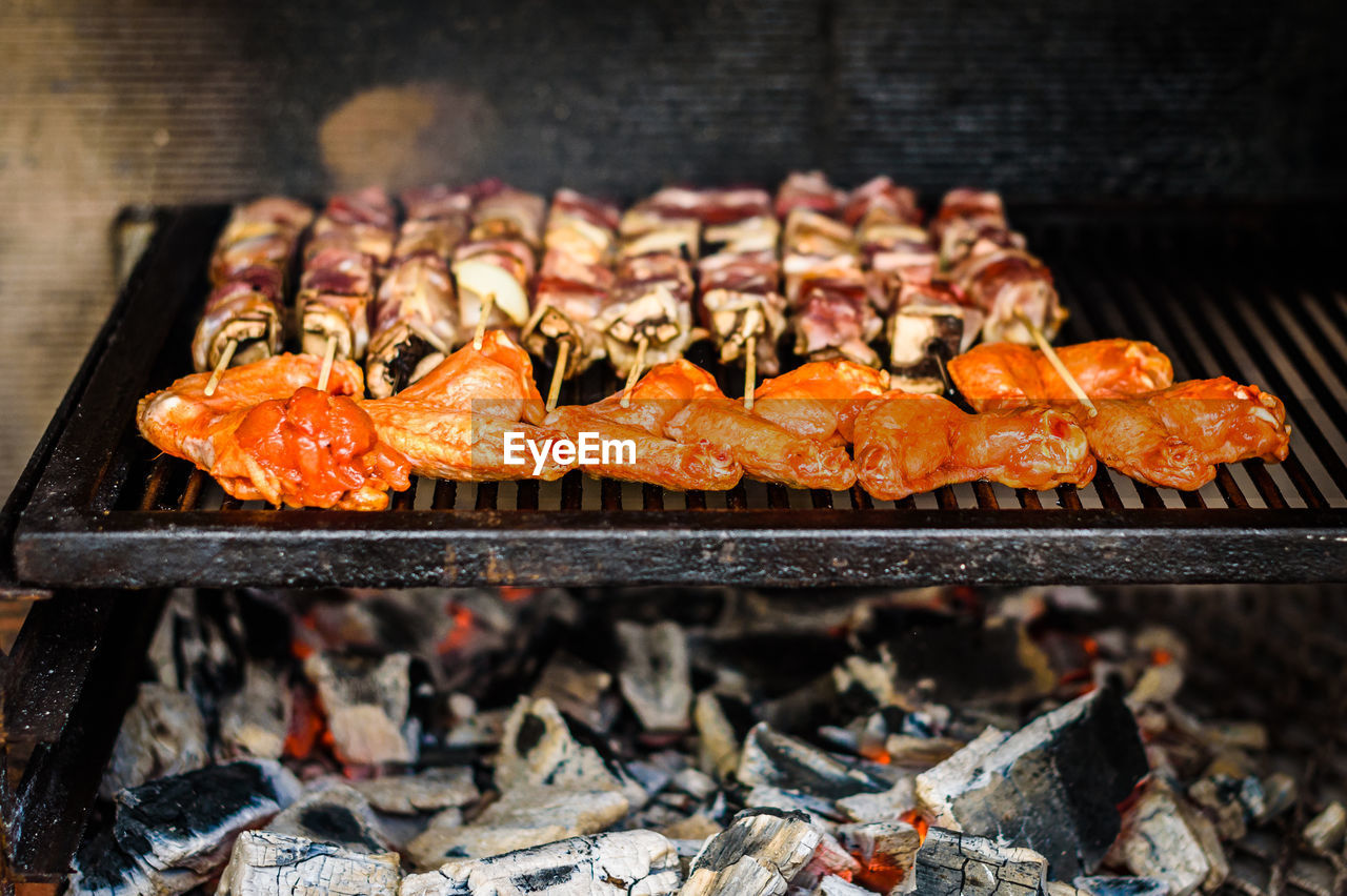 Close-up of meat on barbecue grill