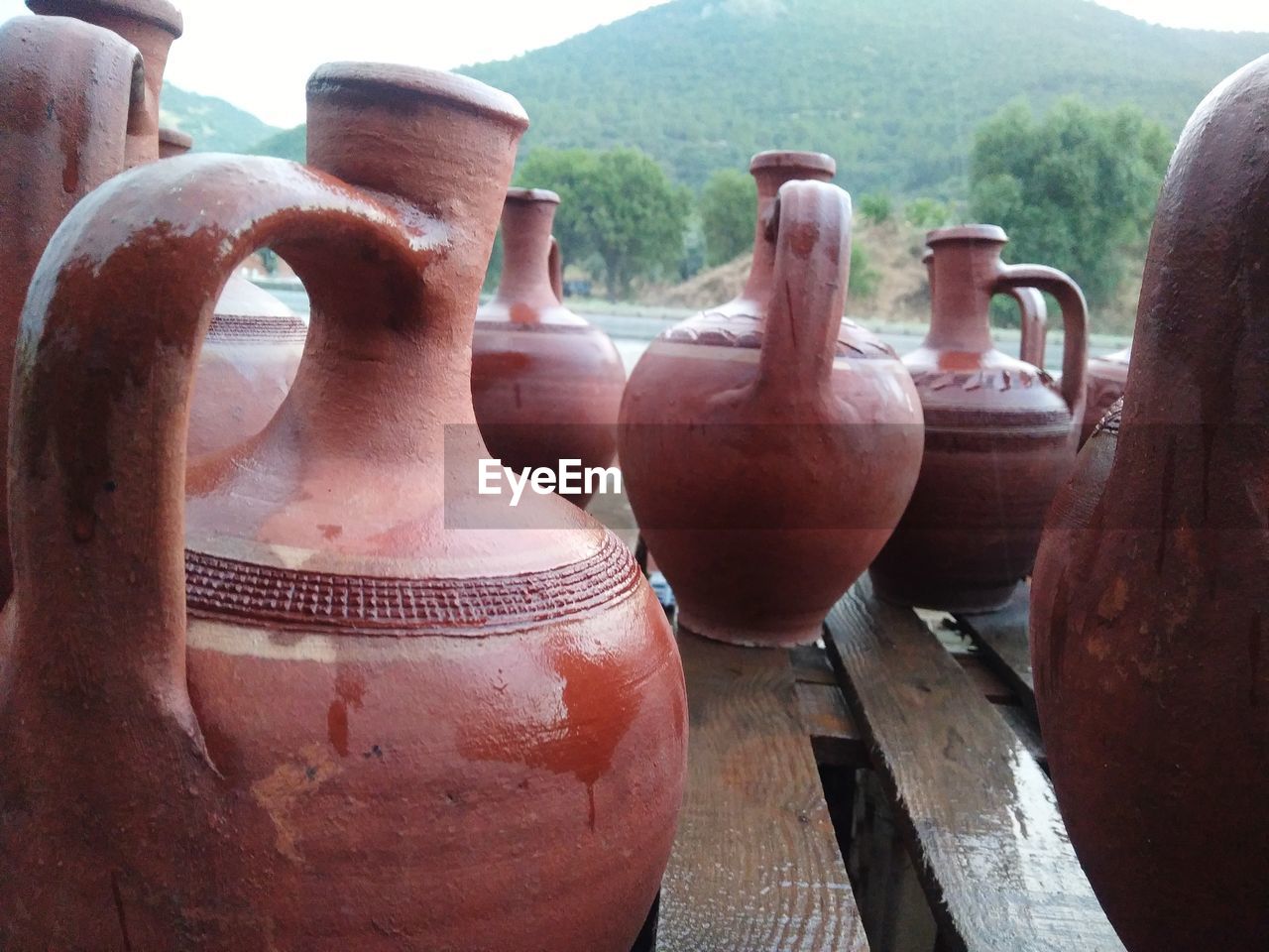 CLOSE-UP OF POT IN ROW ON TABLE