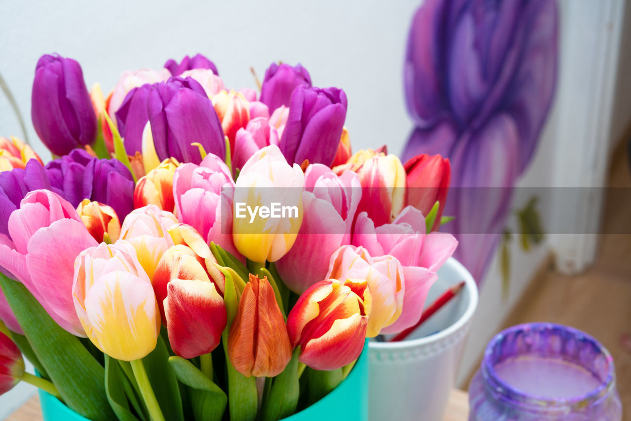 CLOSE-UP OF TULIPS IN VASE