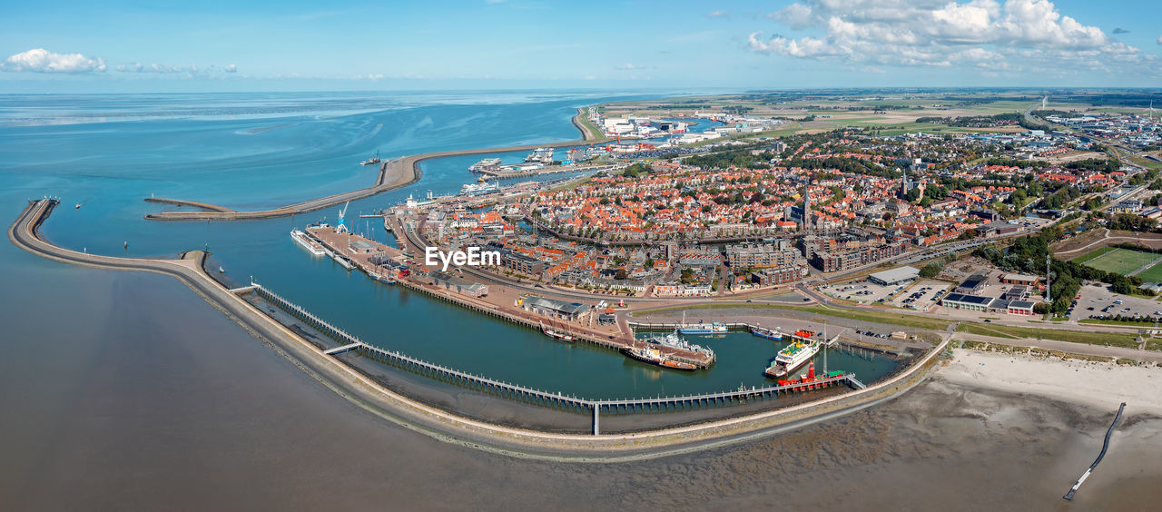 Aerial panorama from the city harlingen at the ijsselmeer in the netherlands