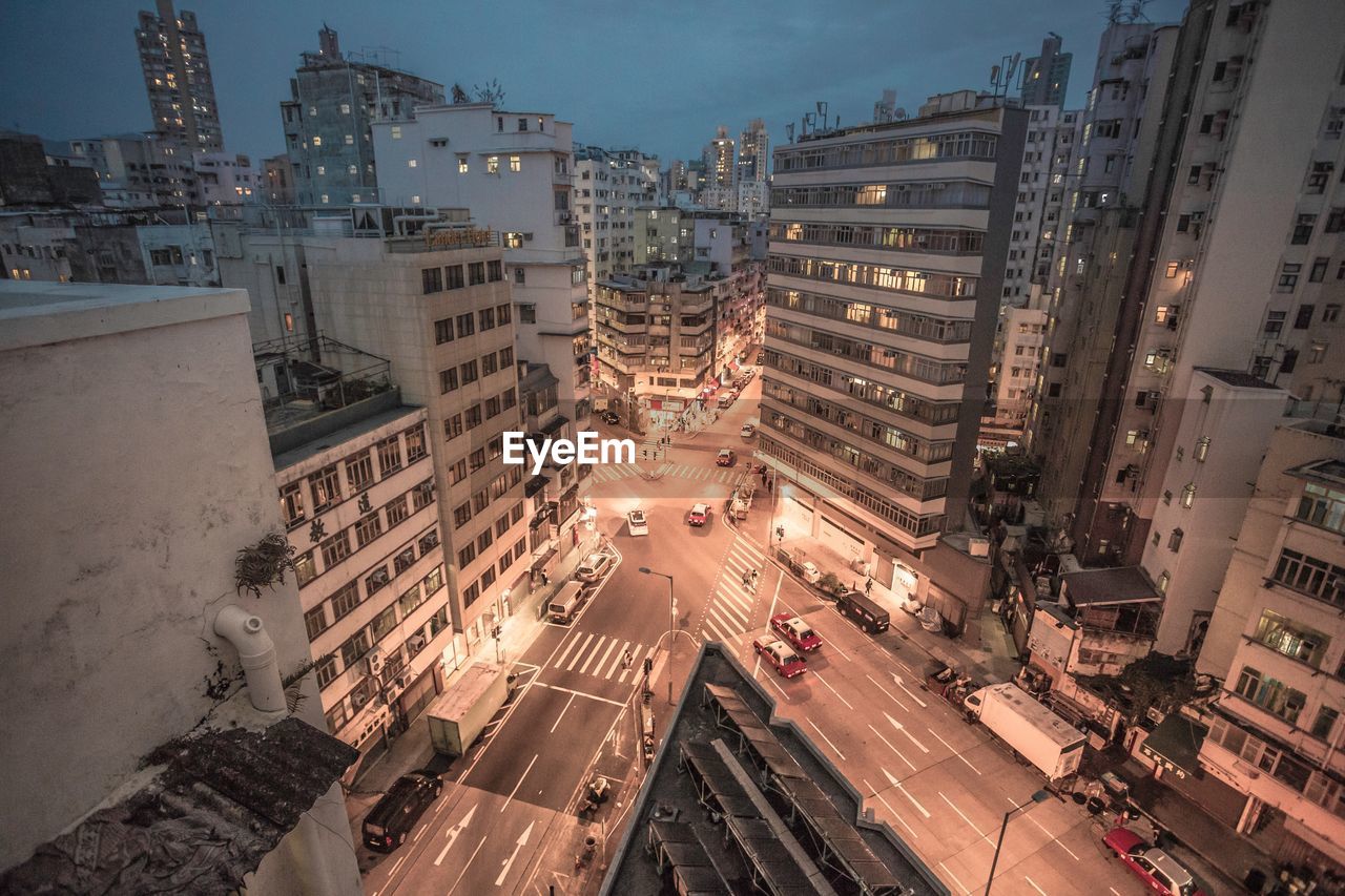 High angle view of illuminated city street at night