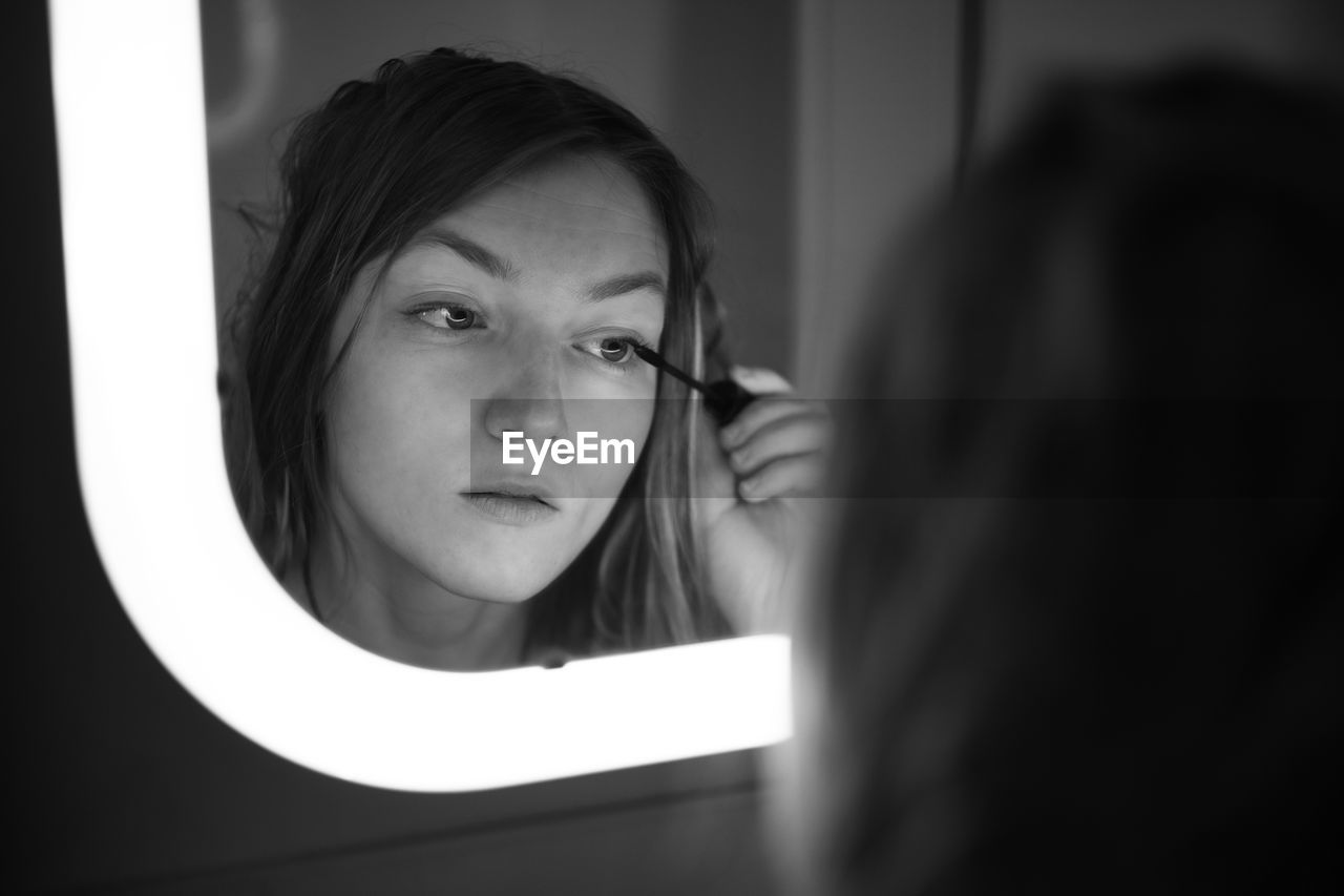 women, adult, black, black and white, portrait, white, indoors, headshot, one person, looking, monochrome photography, young adult, monochrome, mirror, female, human face, reflection, person, lifestyles, selective focus, window, portrait photography, emotion, child