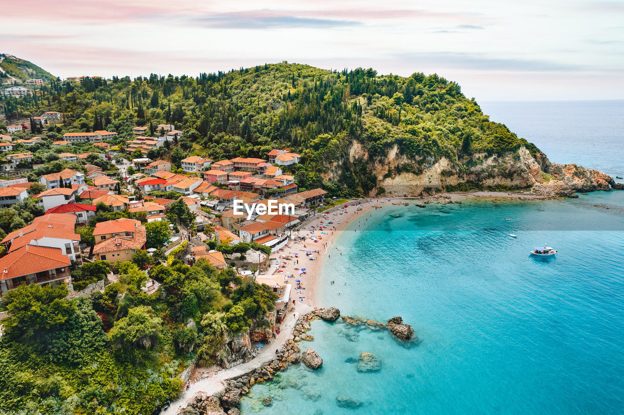 Aerial view of town and beach in lefkada island