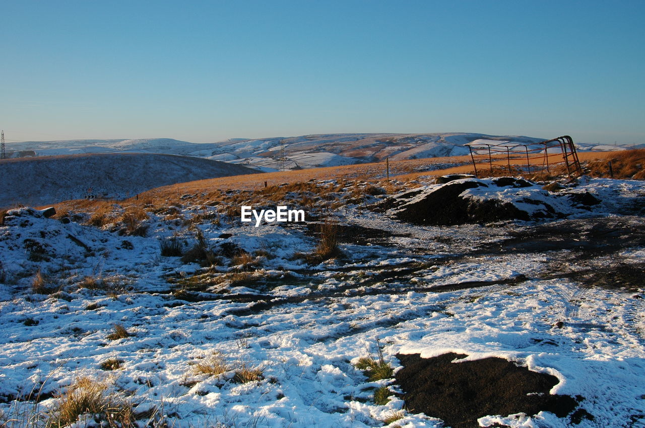 Scenic view of mountains against clear sky during winter