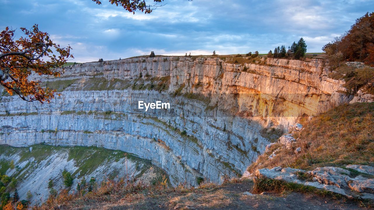 Rock formations on landscape against sky