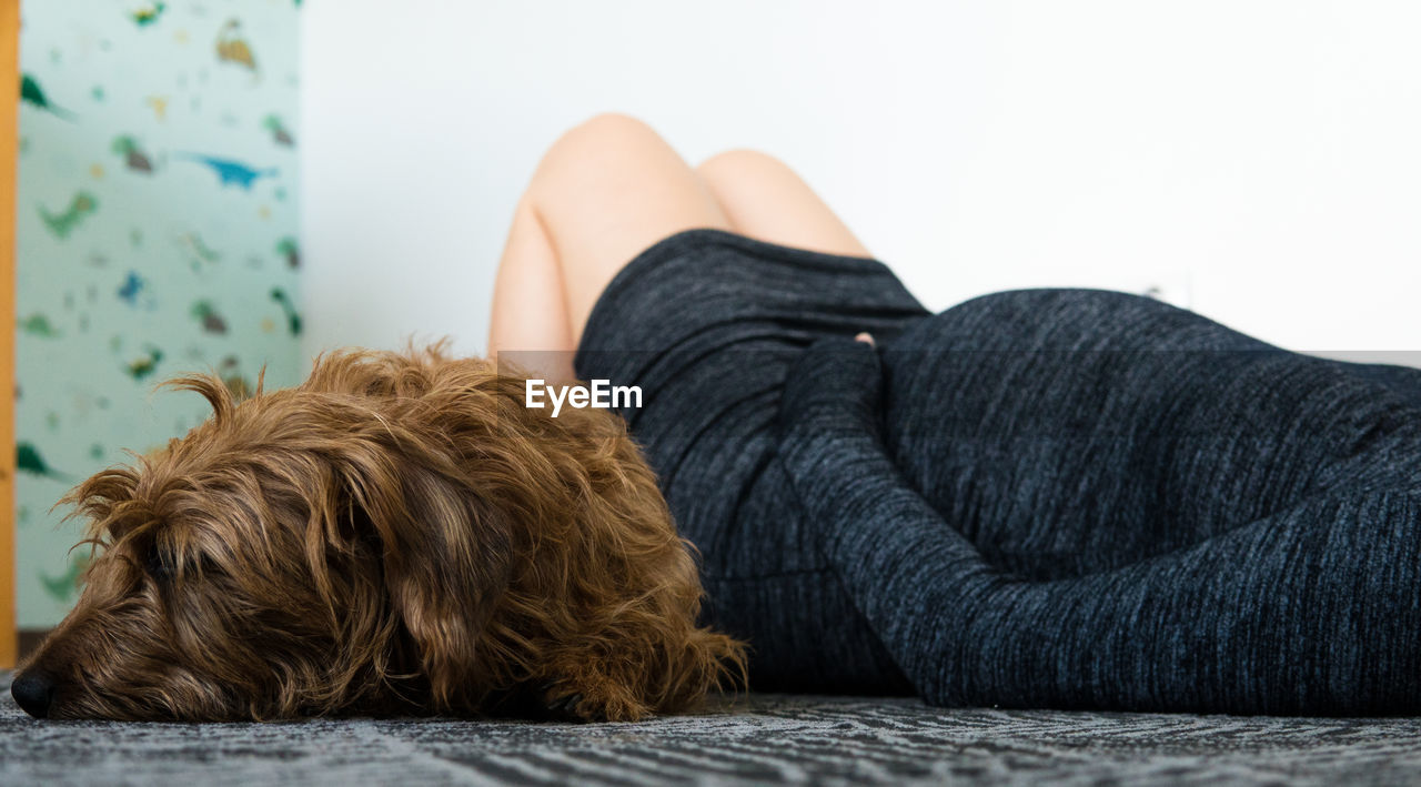 REAR VIEW OF WOMAN WITH DOG RELAXING ON CARPET